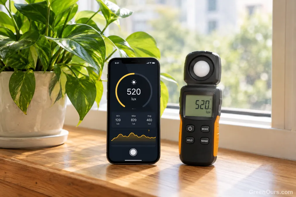 Smartphone light meter app next to a handheld light meter measuring the same spot
