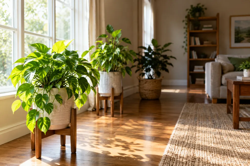 Houseplant shown at increasing distances from a bright window showing light falloff