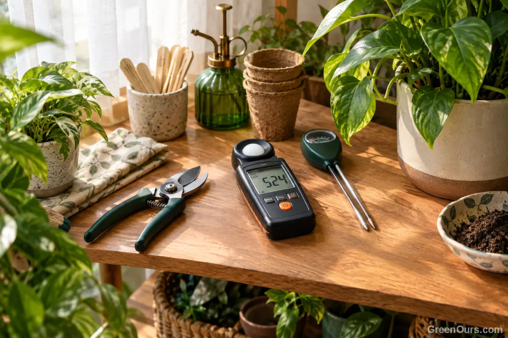 Light meter resting on a shelf beside pruning shears and a soil moisture meter