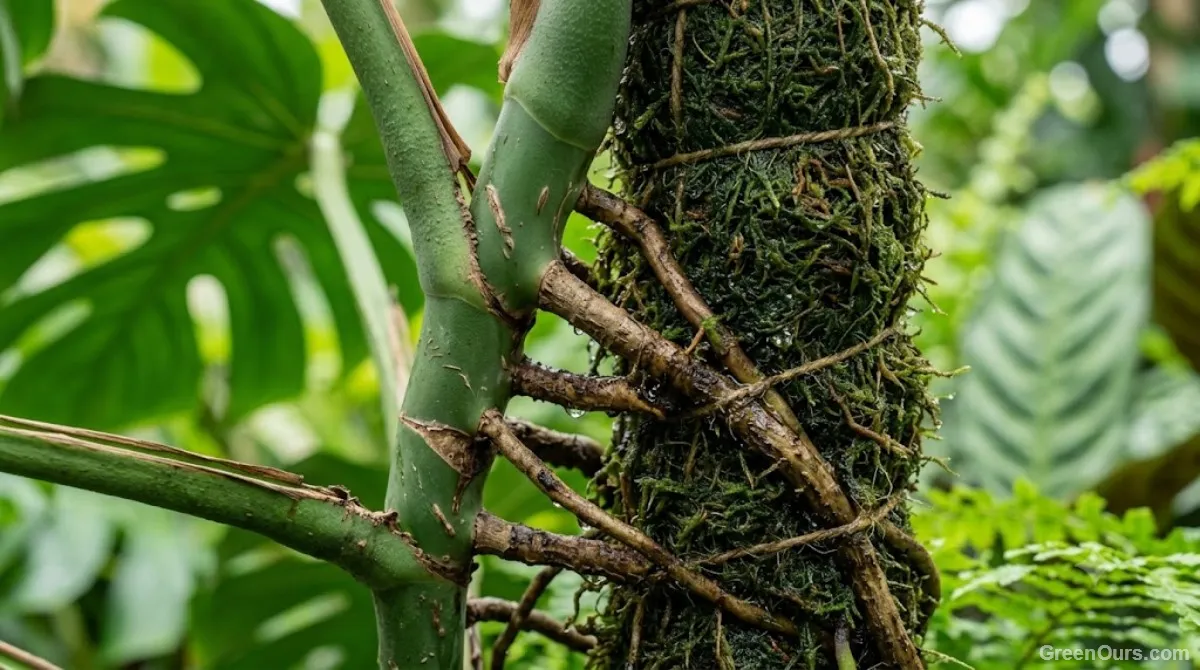 Philodendron aerial roots gripping into a damp moss pole
