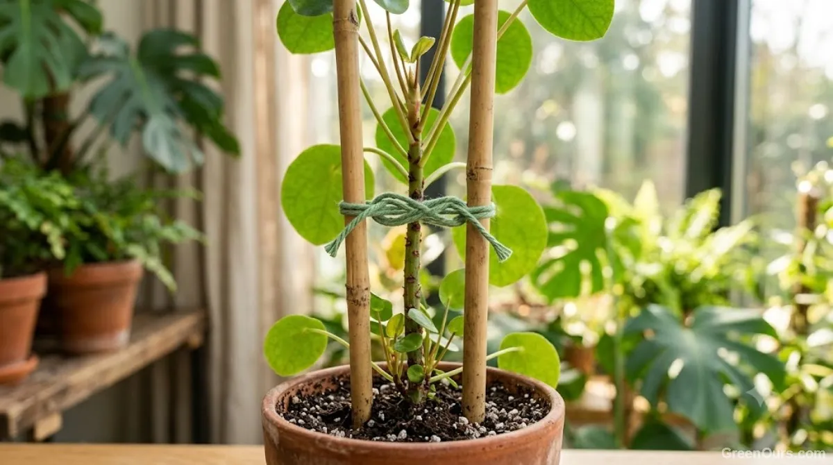 Pothos vine trained across a flat wooden trellis frame