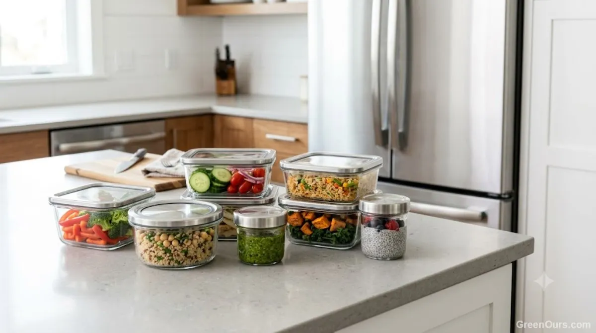 Glass storage containers and a stainless steel lunch tin on a kitchen counter