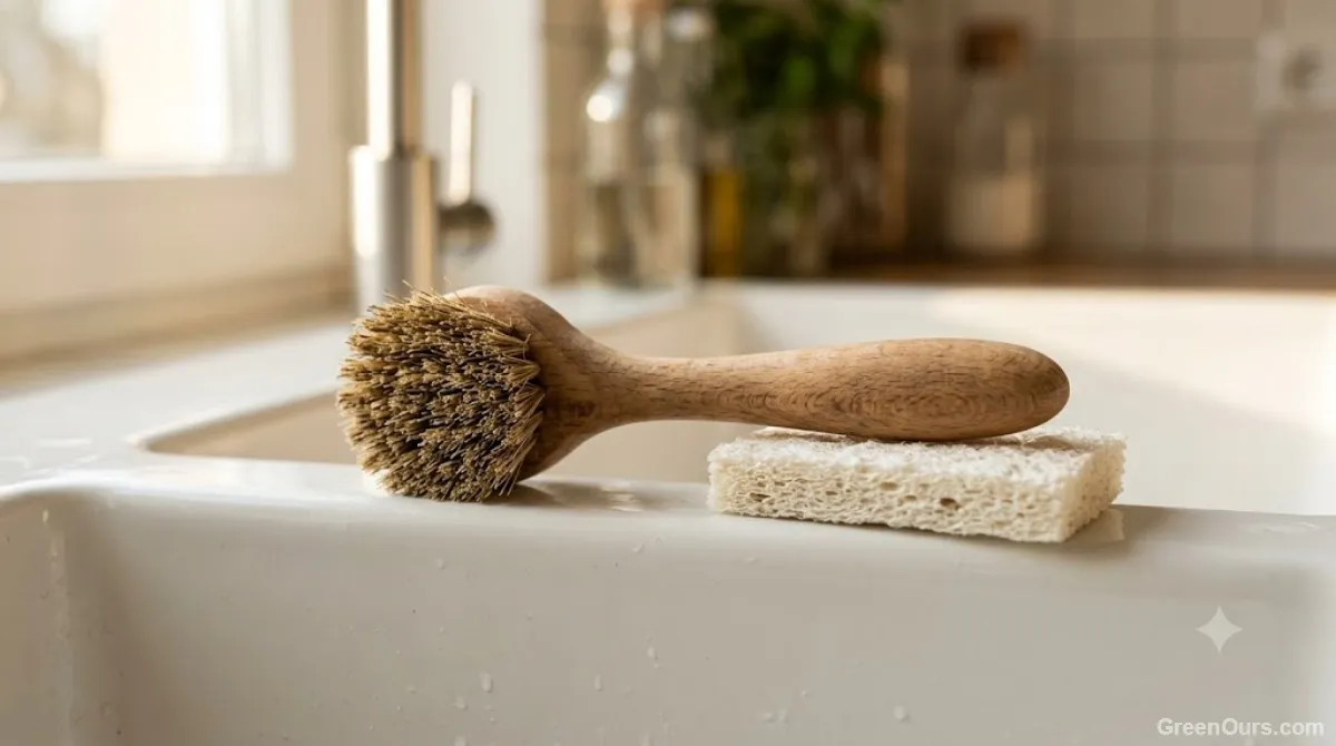 Wooden dish brush and a bar of dish soap on a small dish by the sink
