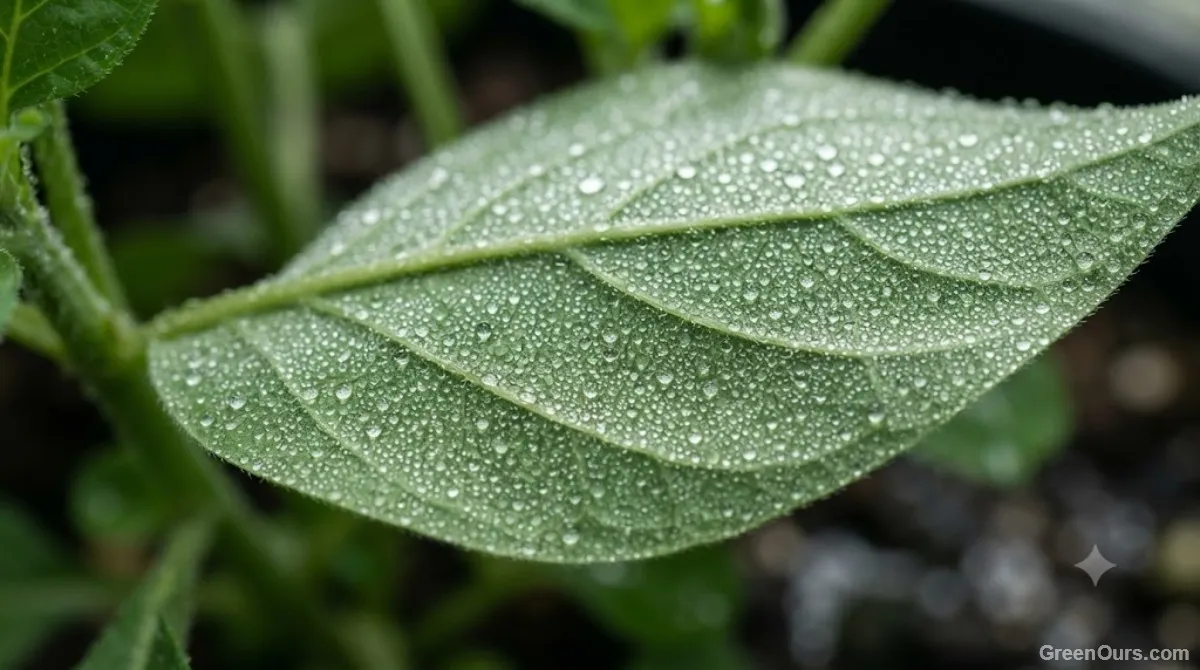 Fine mist from a pump sprayer coating the underside of a leaf evenly
