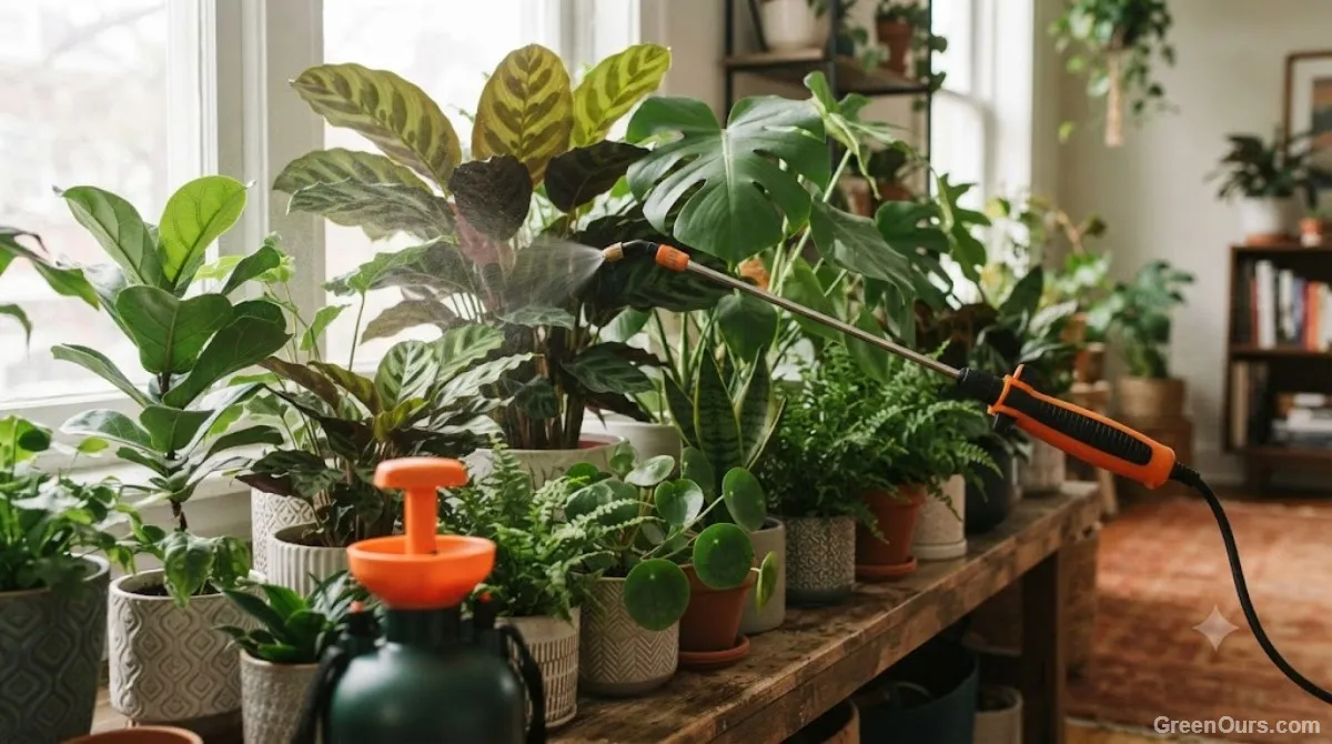 Pump sprayer wand reaching leaves across several potted plants in a row