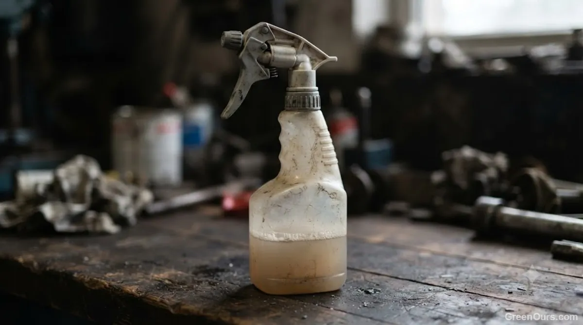 Hand mid-squeeze on a trigger spray bottle showing repetitive grip motion