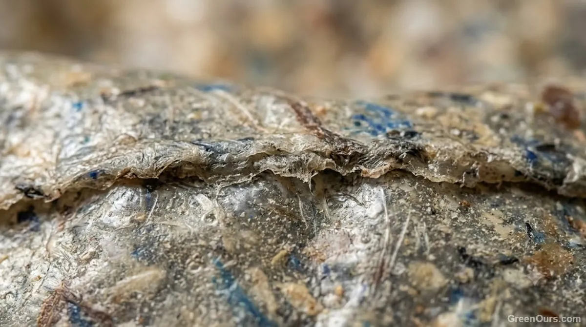 Close-up texture of a recycled plastic trash bag showing its matte, slightly flecked surface