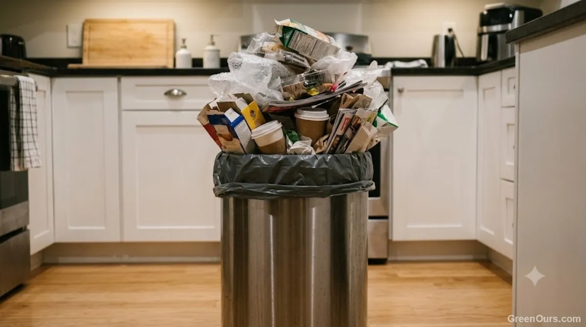 A kitchen trash bin filled higher than necessary with everyday household waste