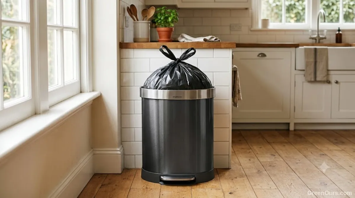 A tidy kitchen corner with a trash bin and a compost pail sitting side by side