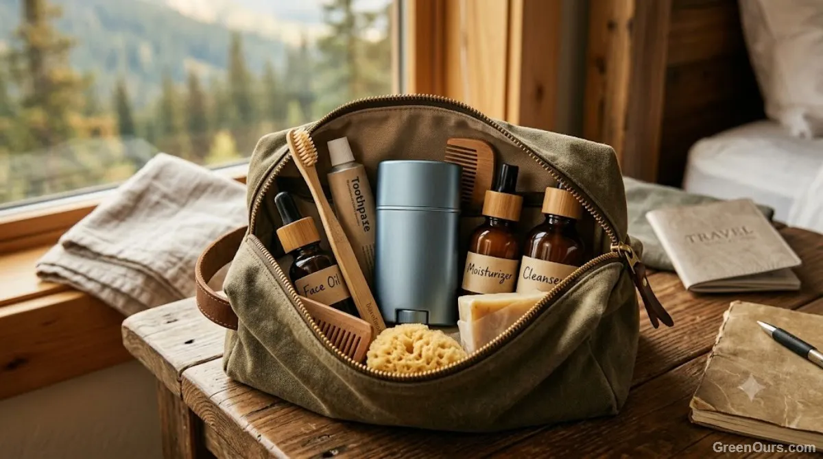 A refillable deodorant case packed inside a toiletry bag next to travel bottles