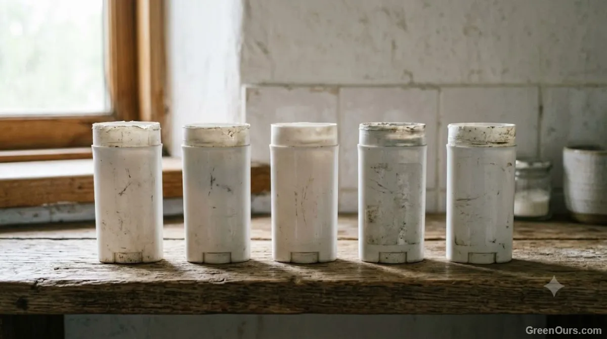 Several used refillable deodorant tubes lined up to compare against a year of use