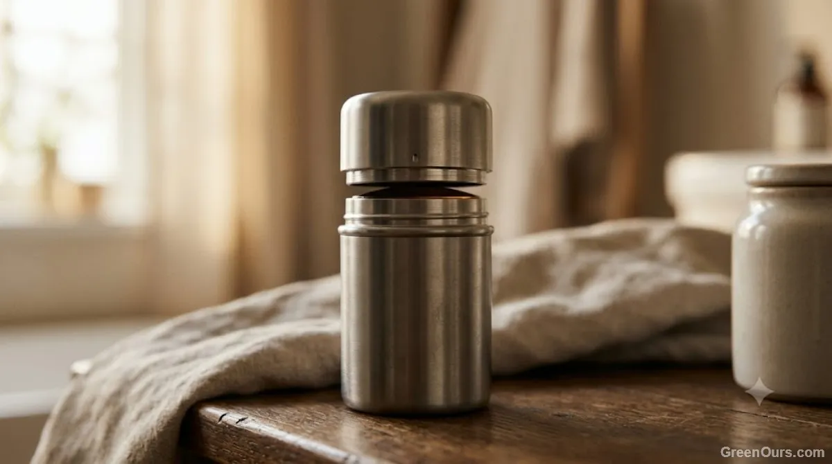A refillable deodorant case being closed after a refill swap on a bathroom shelf