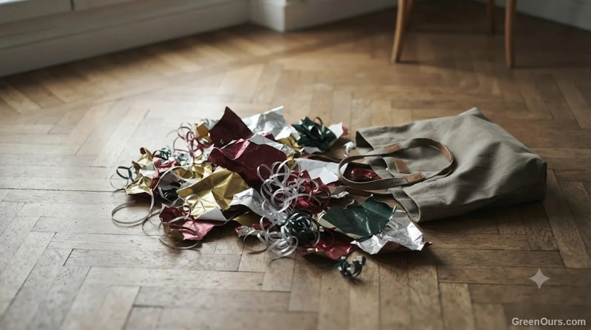 Used wrapping paper and ribbon scraps piled next to a trash bag after a gift exchange