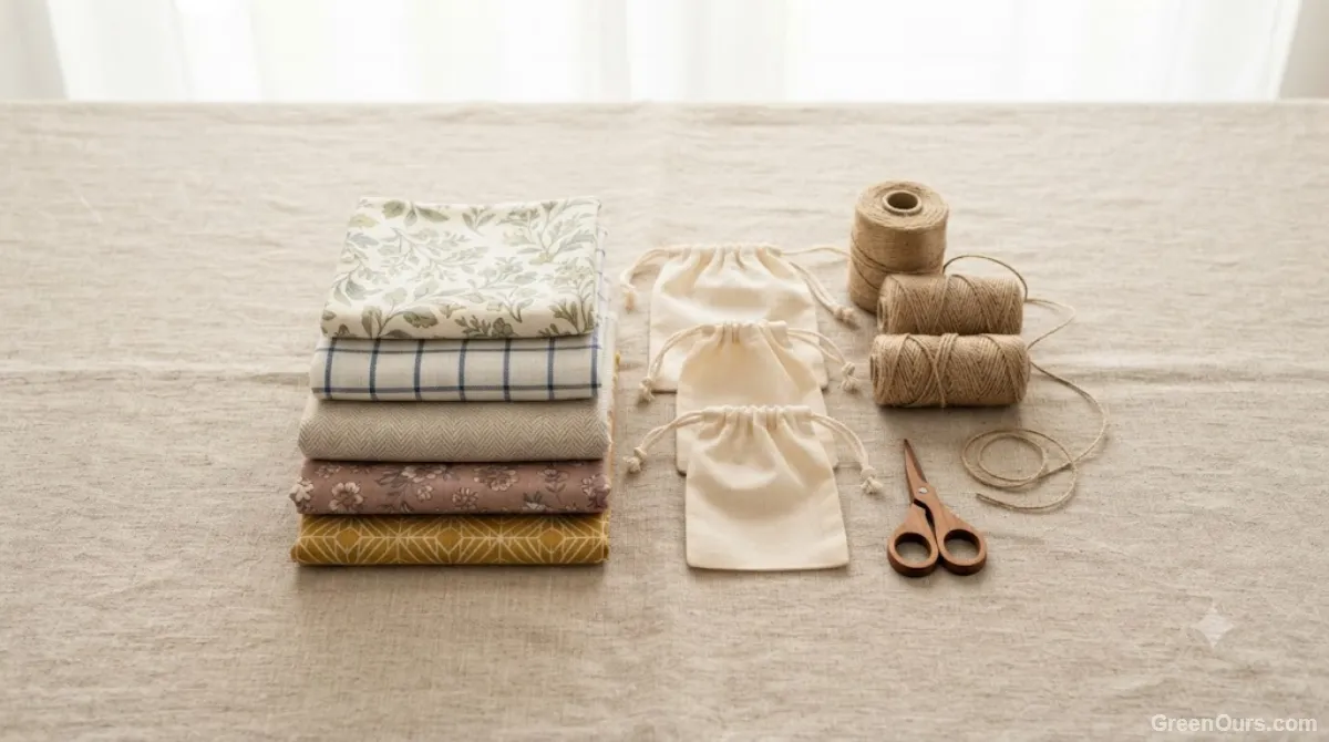 Folded fabric squares and reused drawstring bags arranged for gift wrapping
