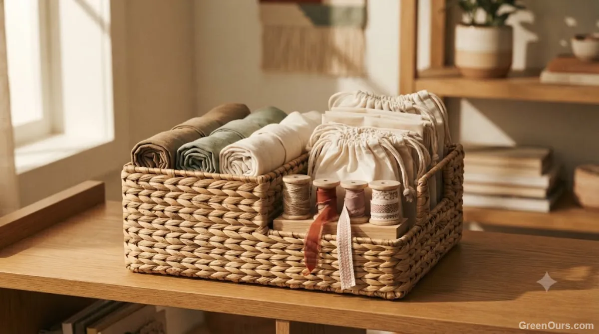 A labeled storage bin holding folded wrapping fabric, ribbon, and reused gift bags