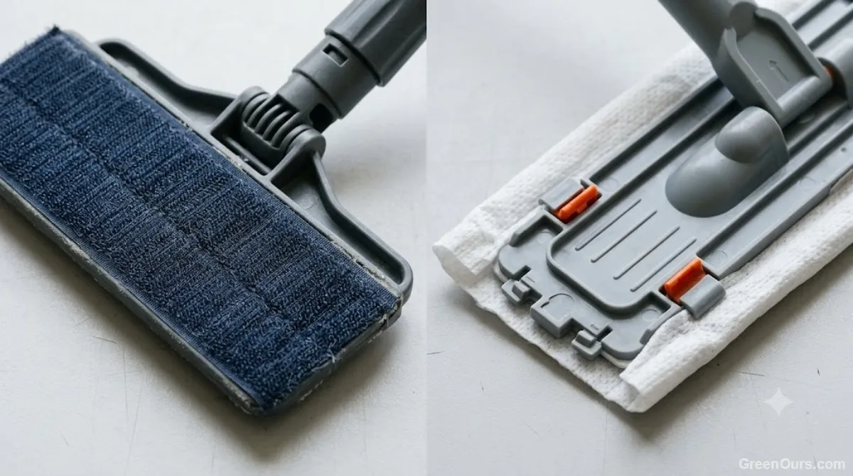 Close-up of a reusable microfiber mop pad attached with velcro strips to a mop head