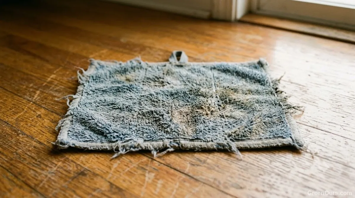 Clean mop and reusable pad hanging by a back door after use