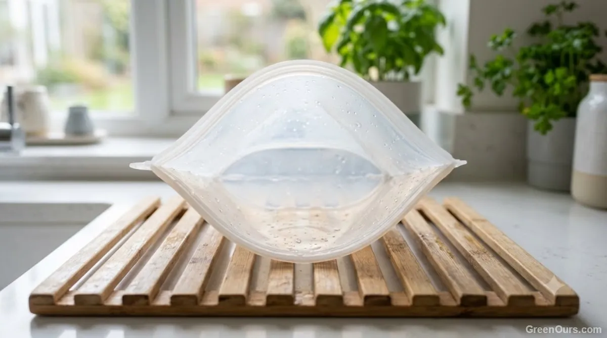 Silicone food bag turned inside out and propped open on a drying rack