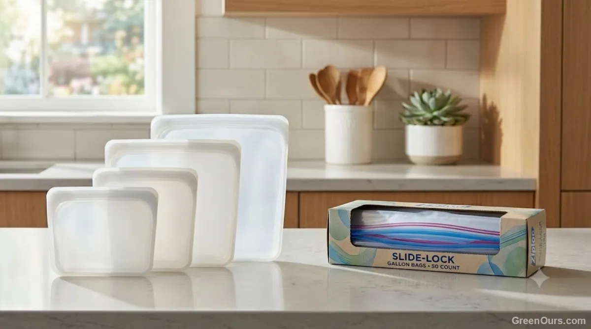 Packed school lunchbox with a reusable silicone bag next to a disposable plastic bag