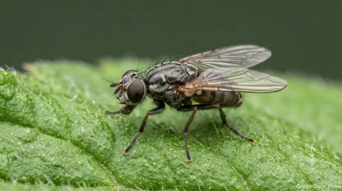 Close-up of a tiny dark fly resting on a leaf near damp potting soil