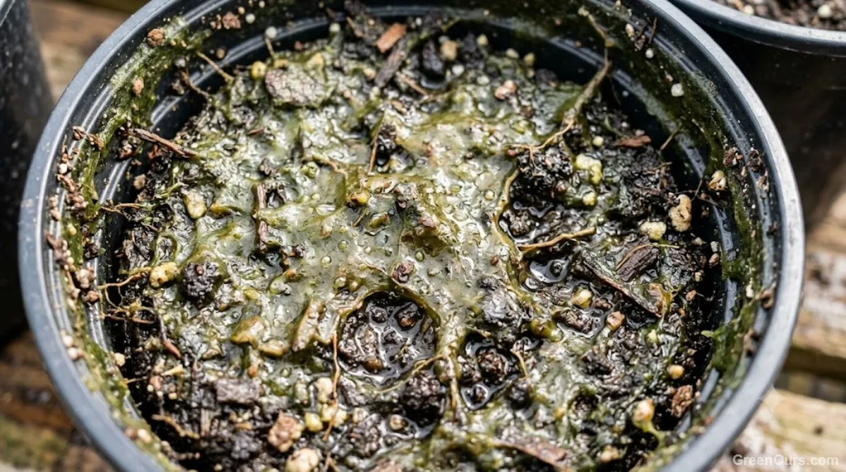 Thin greenish algae film on the surface of overly wet potting soil