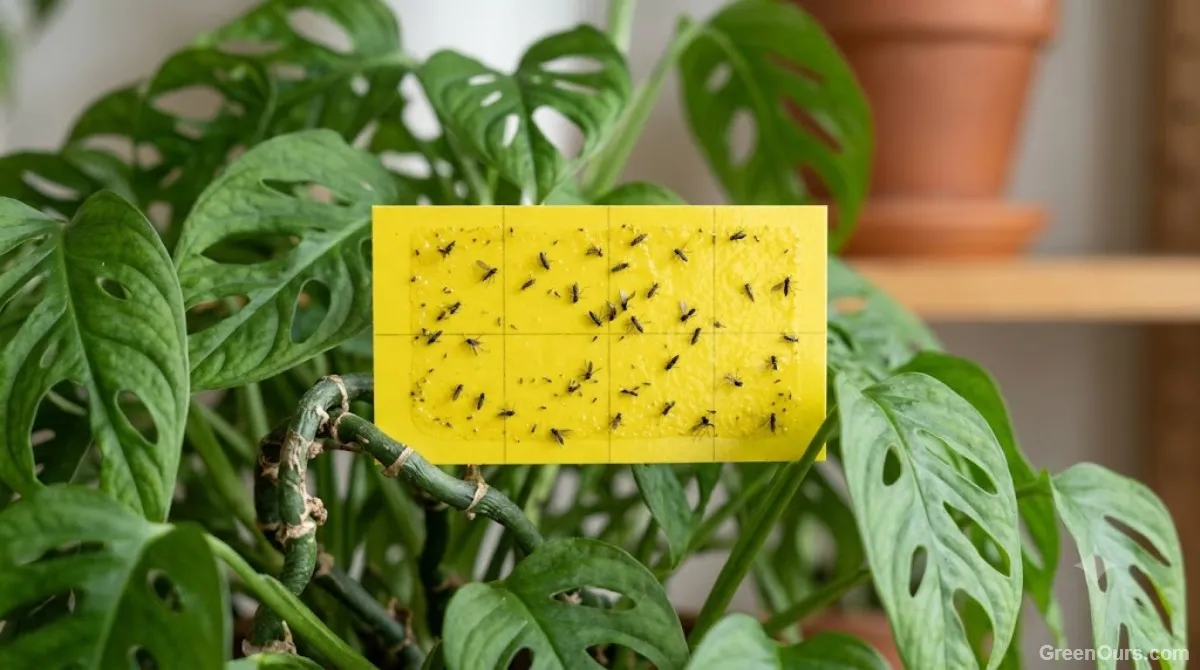Yellow sticky trap in a potted plant catching several tiny flies