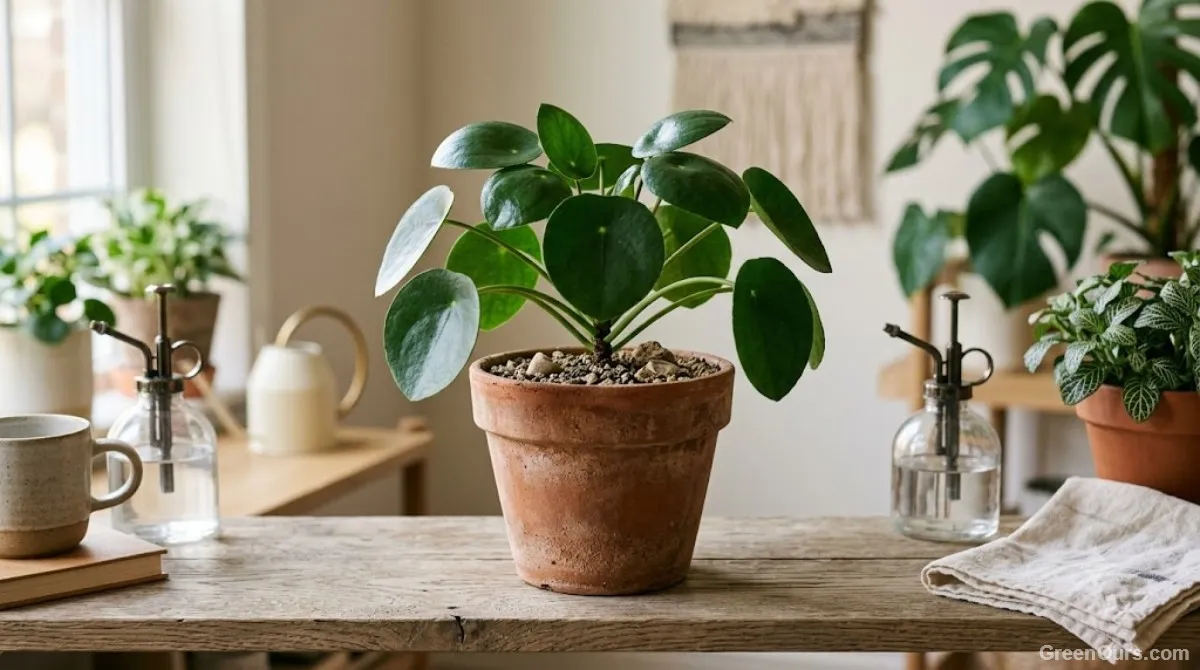 Healthy houseplant with dry, clean potting soil and no visible insects