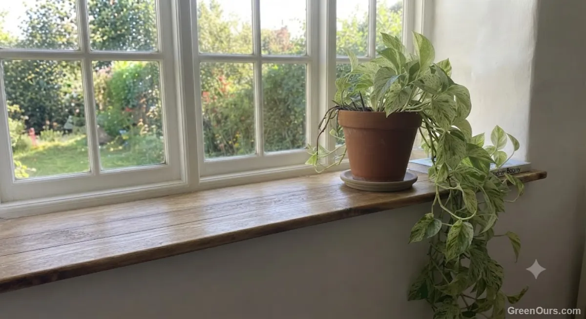 A trailing pothos plant with longer vines on one side than the other