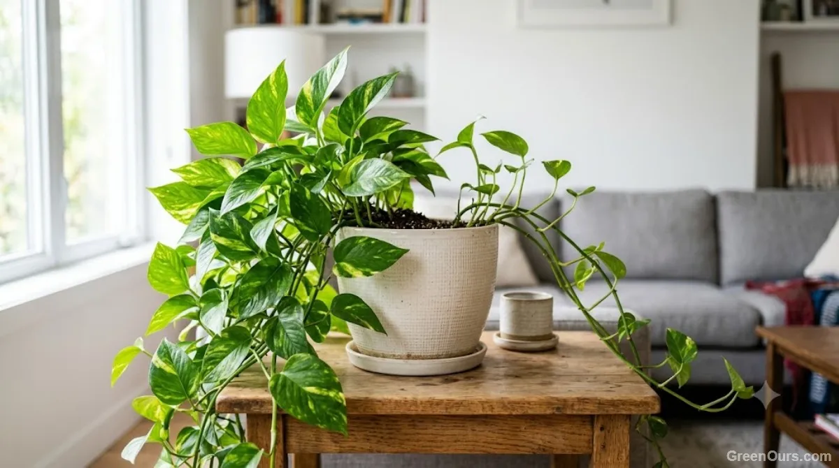 A potted houseplant positioned at an angle on a windowsill mid-rotation
