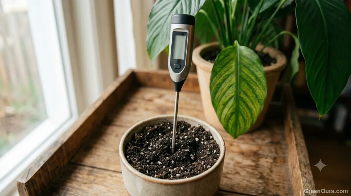 Digital pH meter probe inserted into potting soil in a container