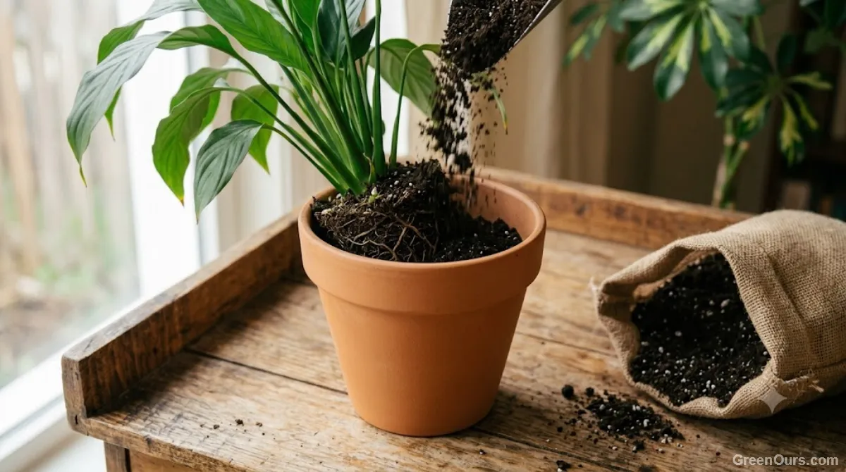 Fresh potting mix being added around a plant's root ball during repotting