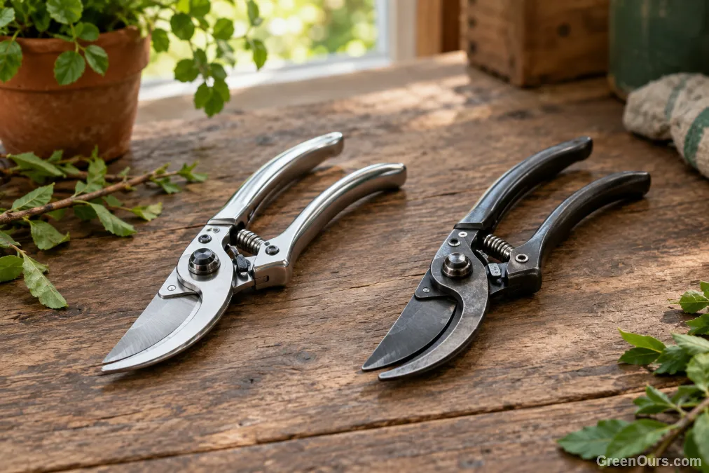 Stainless steel and carbon steel pruning shears side by side on a wooden workbench