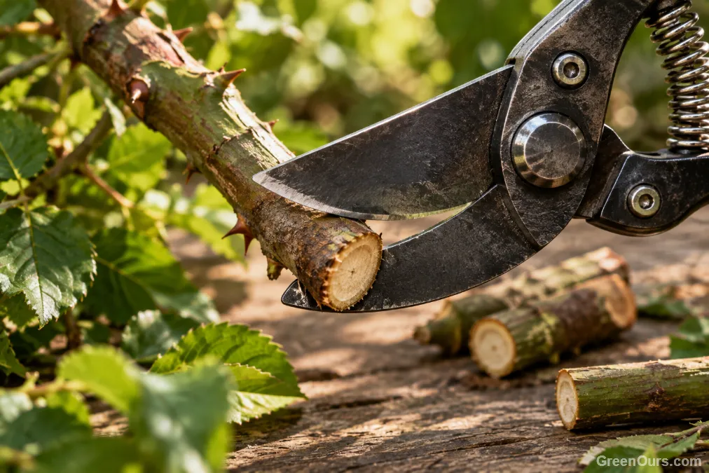 Carbon steel pruning blade making a clean cut through a thick woody stem