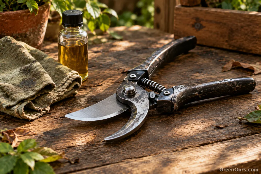 Person wiping down a garden tool blade with an oiled cloth before storage