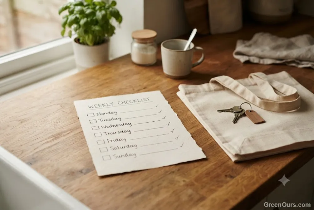 Handwritten weekly checklist on a kitchen counter next to a reusable tote bag
