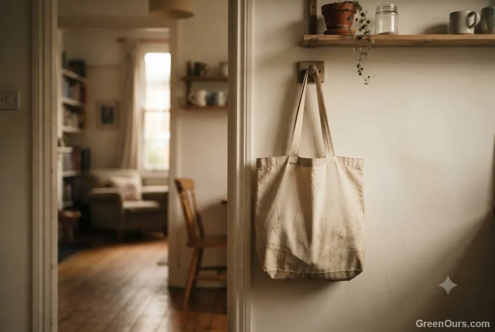 Relaxed everyday kitchen scene with a reusable tote bag hanging by the door