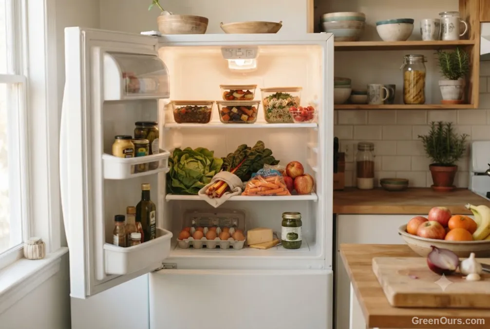Open fridge with simply organized leftovers and fresh produce