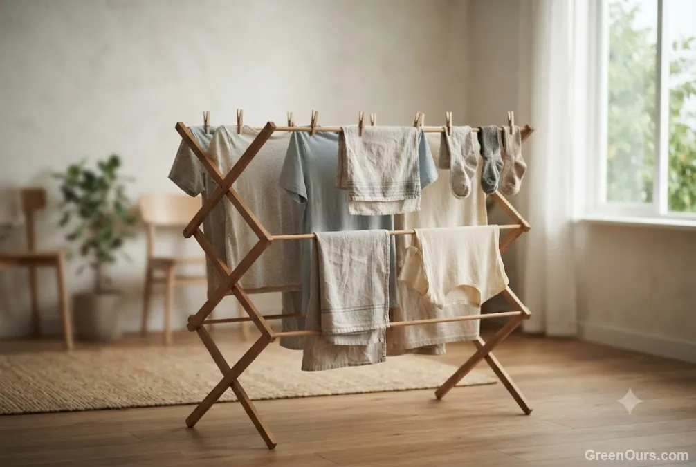 Clothes drying on an indoor rack near a window