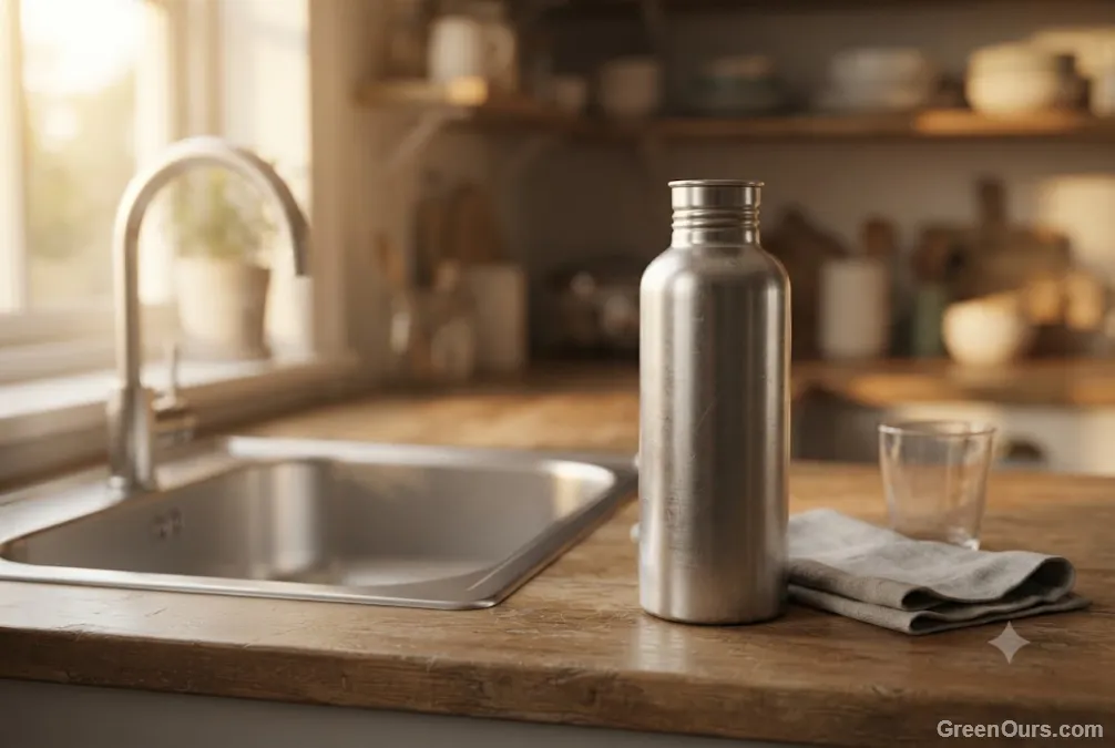 Plain reusable water bottle sitting next to a kitchen sink
