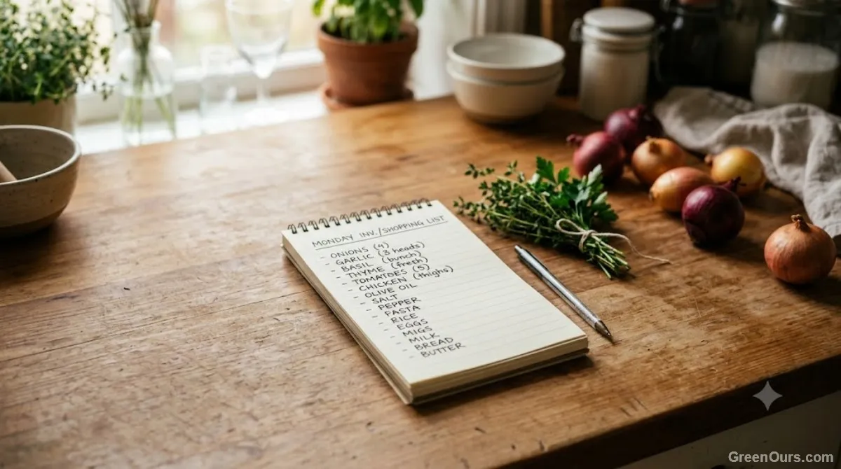 Handwritten notepad list of fridge contents on a kitchen counter