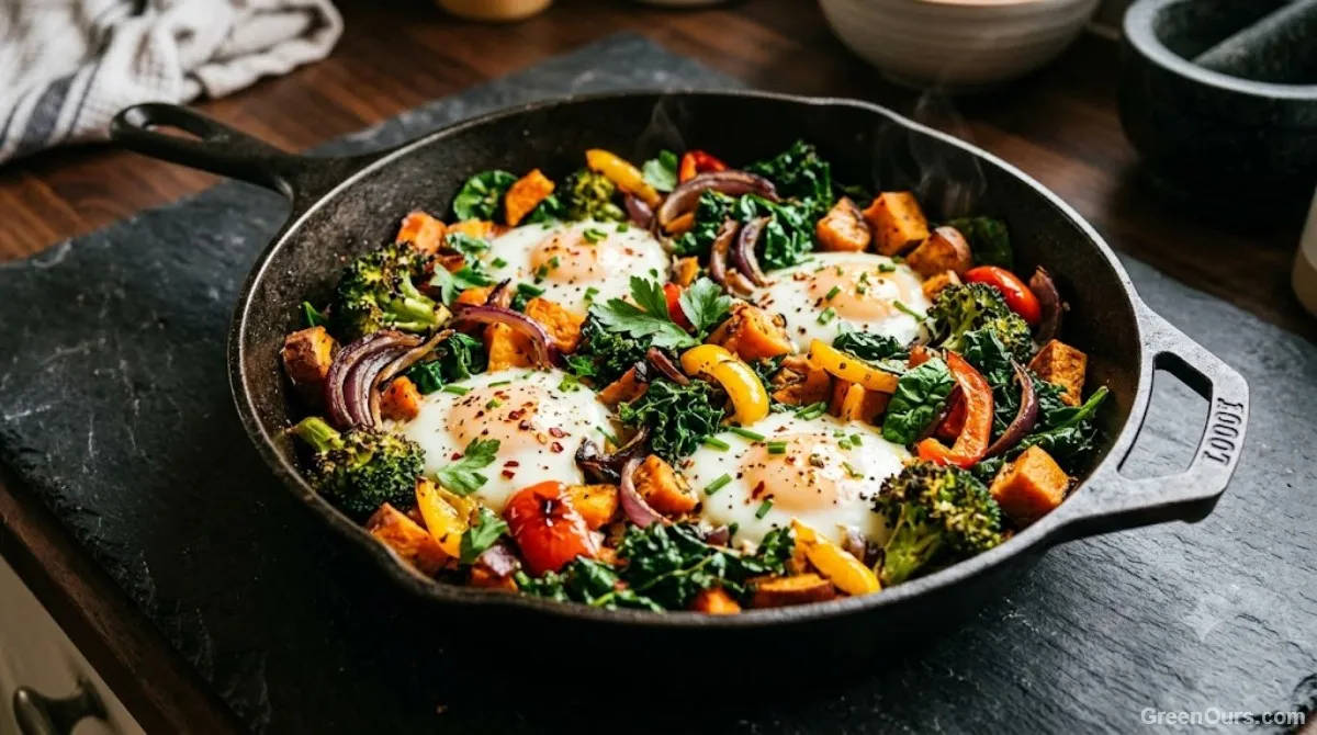 Sheet-pan dinner combining mismatched leftover vegetables and protein