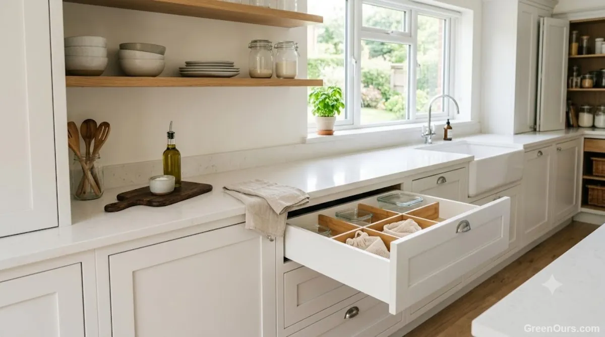 Tidy kitchen counter with an empty produce drawer at the end of the week