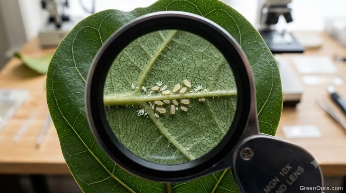 Magnified view of a leaf underside through a hand lens showing tiny pale insects