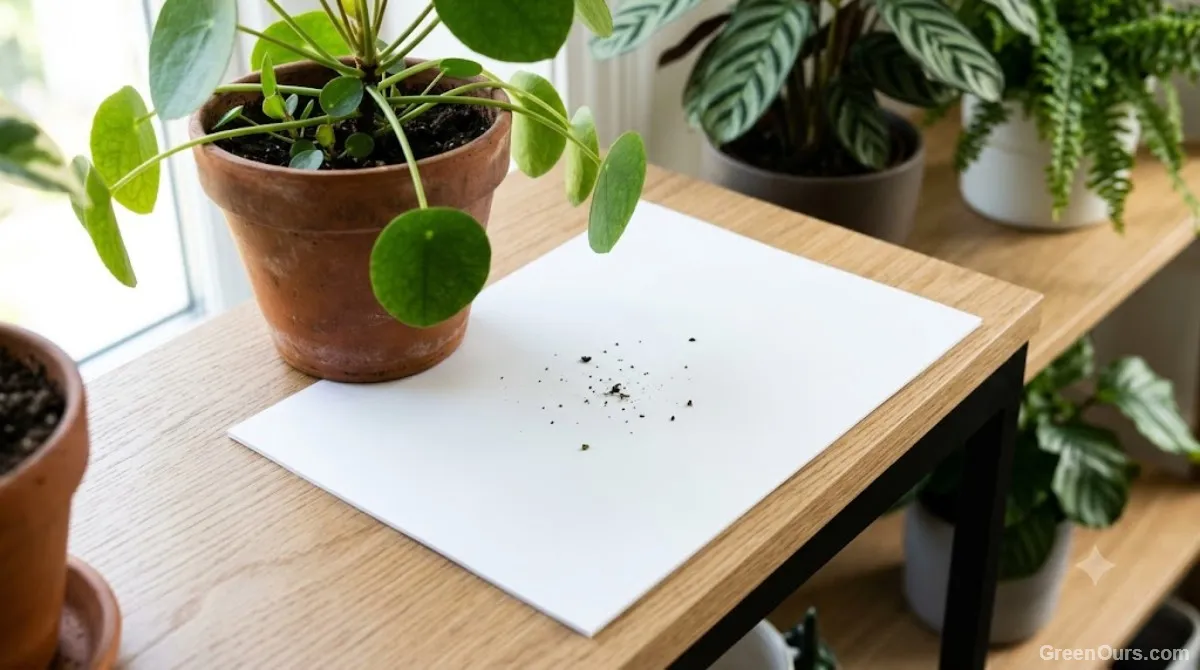 A sheet of white paper positioned under a plant while a tap a leaf above it