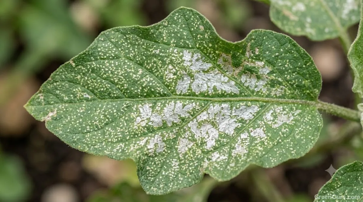 Close-up of stippled, discolored leaf tissue caused by early pest feeding damage
