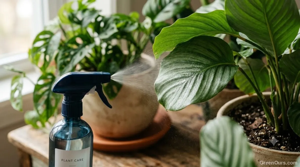 Spray bottle being used to treat the underside of houseplant leaves