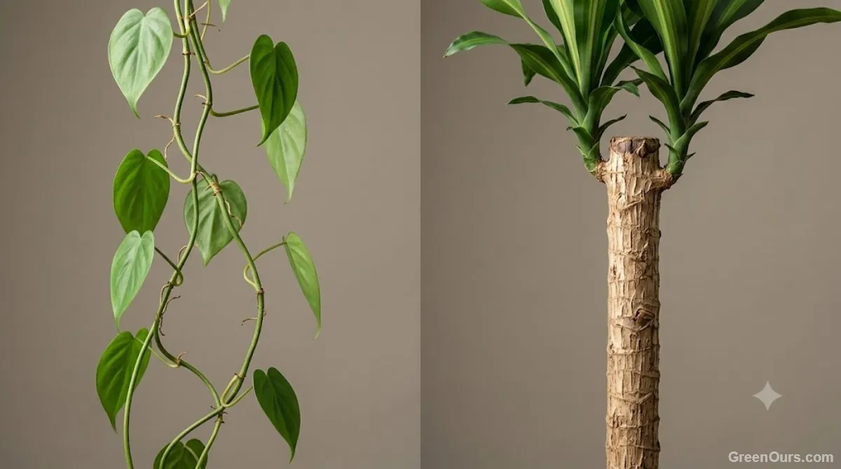 Close-up comparison of a trailing vine stem and an upright rosette plant stem