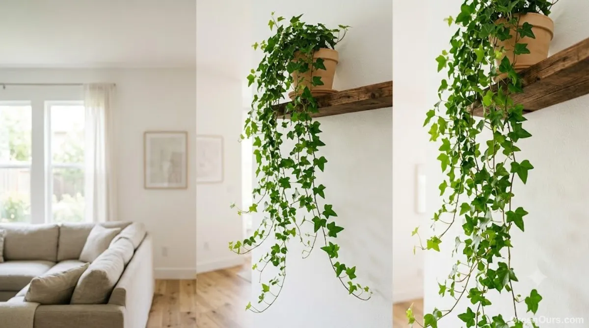 A lush trailing ivy cascading down from a high mounted wooden shelf