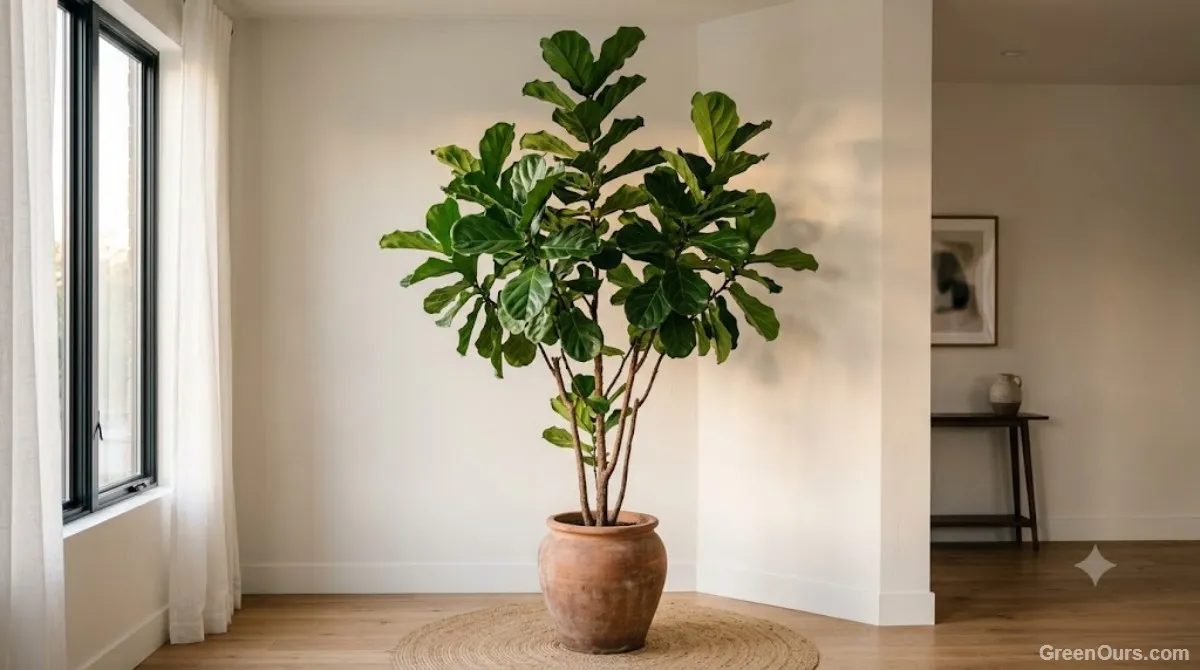 An upright fiddle leaf fig standing as a sculptural floor anchor in a room corner