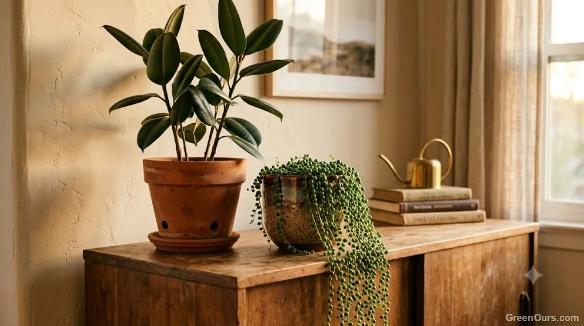 A grouped plant vignette combining trailing and upright plants on a sideboard